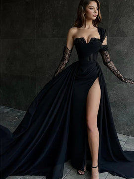 Black One Shoulder Velvet and Satin Long Party Dress, Black Formal Dress Prom Dress