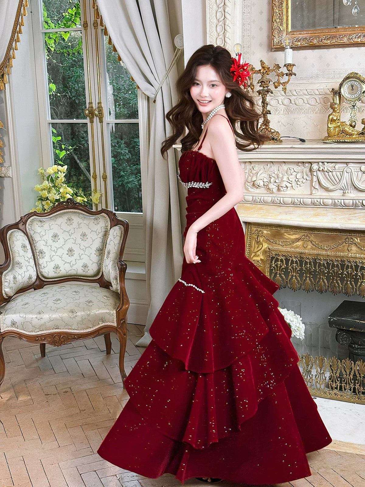 Wine Red Mermaid Velvet Layeres Beaded Party Dress, Wine Red Velvet Formal Dress