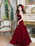 Wine Red Mermaid Velvet Layeres Beaded Party Dress, Wine Red Velvet Formal Dress