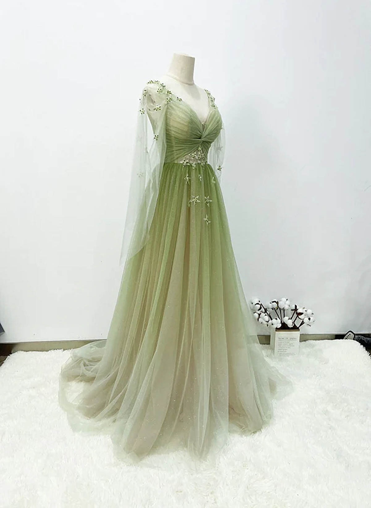 Lovely Green A-line Tulle Gradient Long Sleeves Evening Dress, Green A-line Long Prom Dress