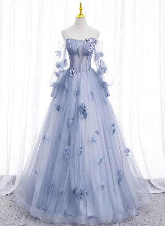 Light Blue Tulle Puffy Sleeves with Flowers Sweet 16 Dress, Light Blue Formal Dress