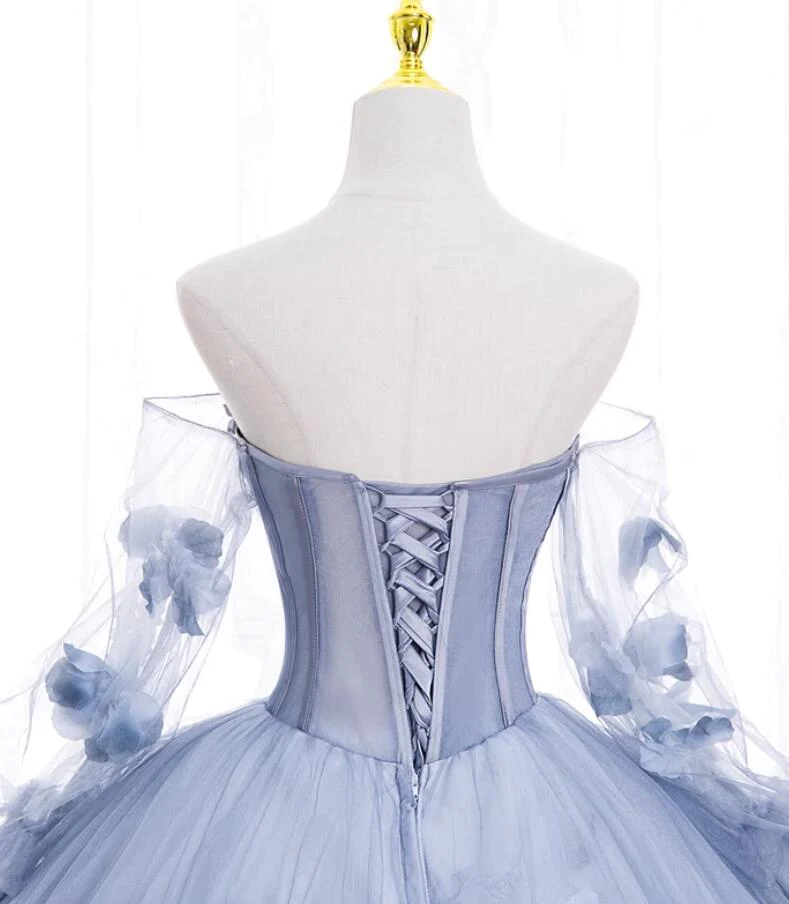 Light Blue Tulle Puffy Sleeves with Flowers Sweet 16 Dress, Light Blue Formal Dress