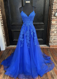 V Neck Blue Tulle A-line Long Prom Dress, V Neck Blue Evening Dress Party Dress