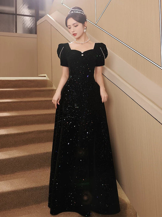 A-line Black Velvet Long Simple Floor Length Prom Dress, Black Velvet Party Dress