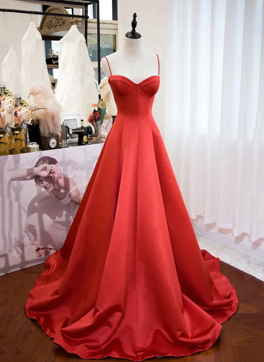 Red Satin Sweetheart Long Formal Dress, Red Satin Straps Prom Dress