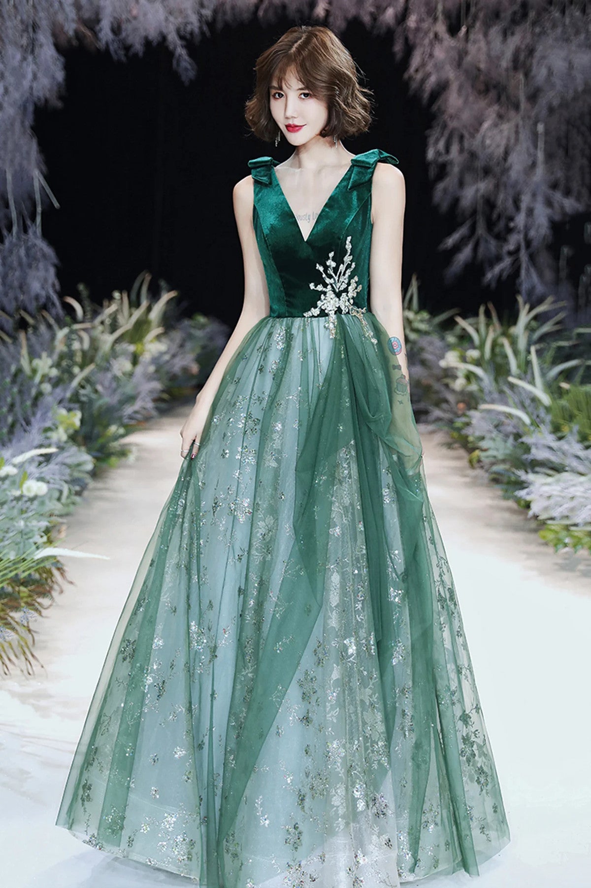 Green A-line Tulle and Velvet Long Party Dress, Green New Style Prom Dress