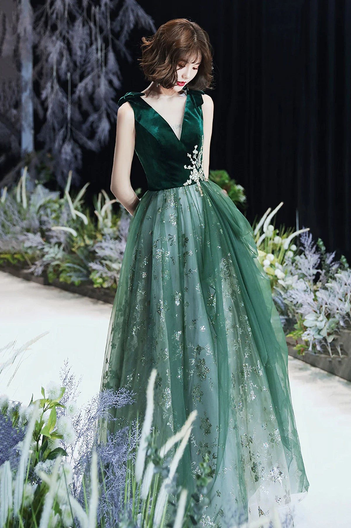 Green A-line Tulle and Velvet Long Party Dress, Green New Style Prom Dress