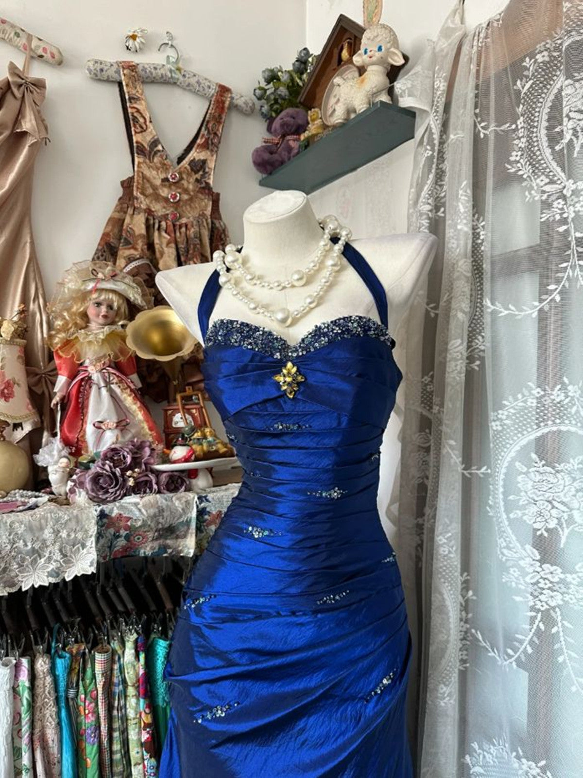Blue Beaded Halter Mermaid Satin Long Formal Dress, Blue Satin Sweetheart Prom Dress