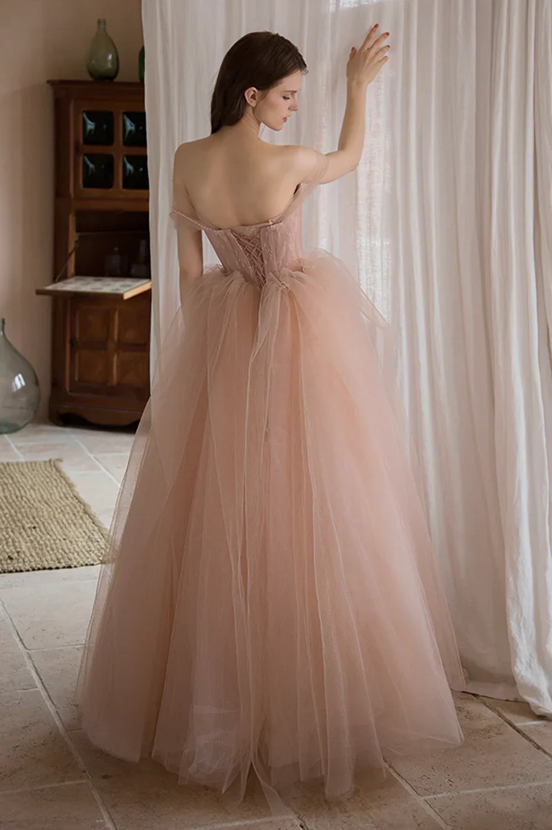 Pink Tulle Off Shoulder Beaded Long Party Dress, Pink Tulle Prom Dress