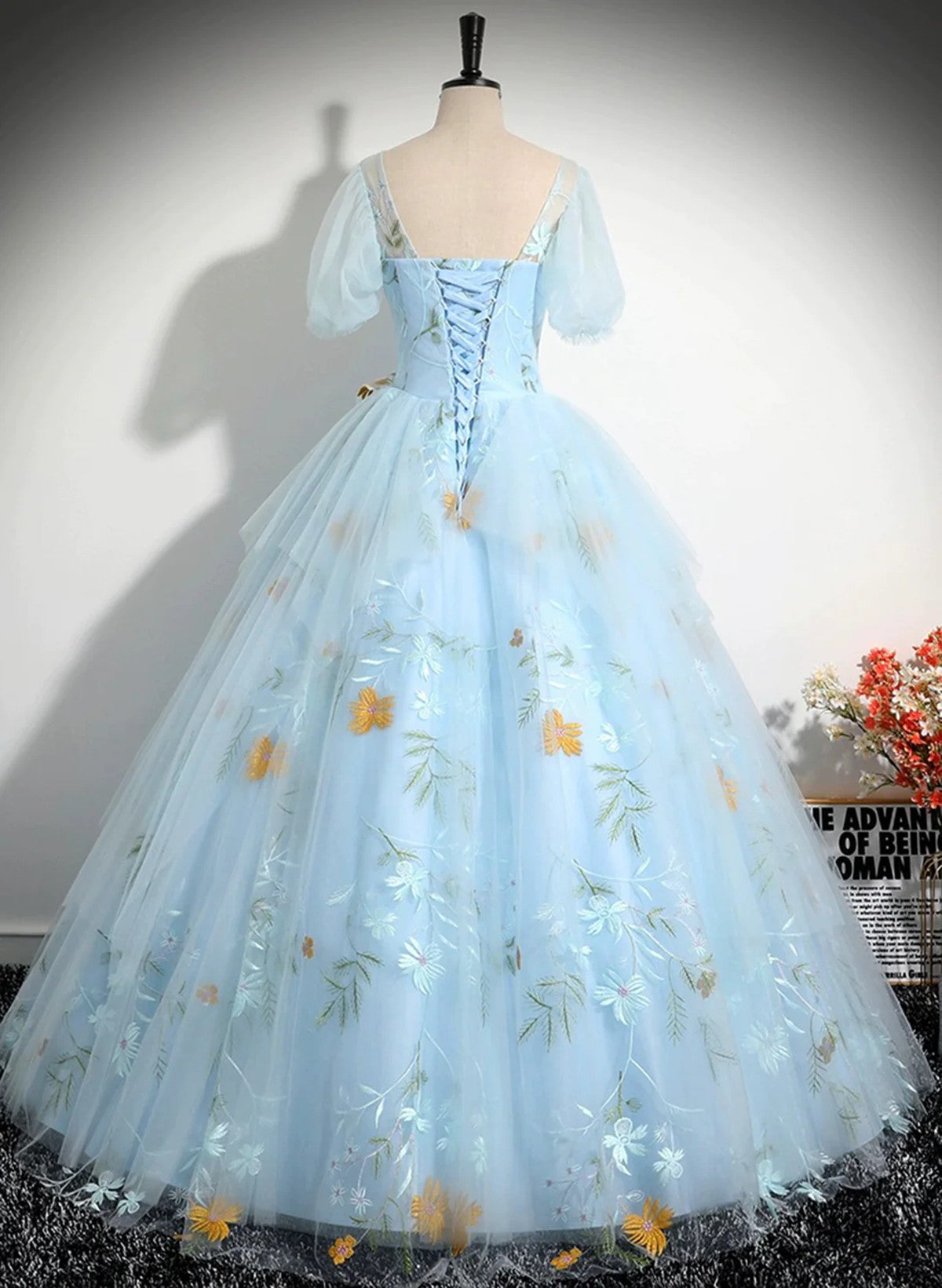 Light Blue Tulle Floor Length Prom Dress, Beautiful Short Sleeves Sweet 16 Dress