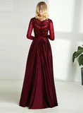 Burgundy Satin and Lace Long Sleeves Party Dress, Burgundy Evening Dress Prom Dress