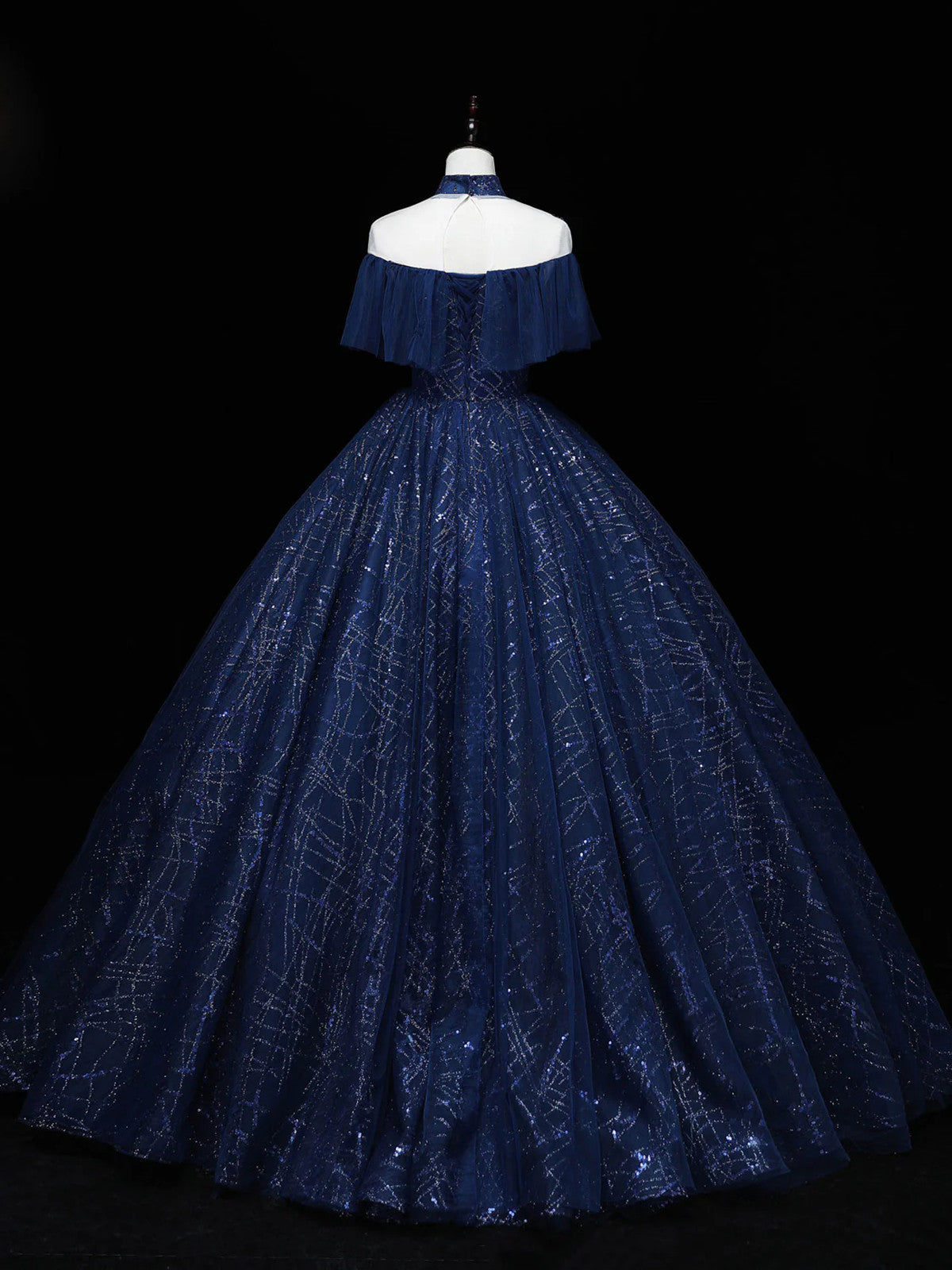 Navy Blue High Neckline Ball Gown Tulle Party Dress, Shiny Tulle with Lace Prom Dress