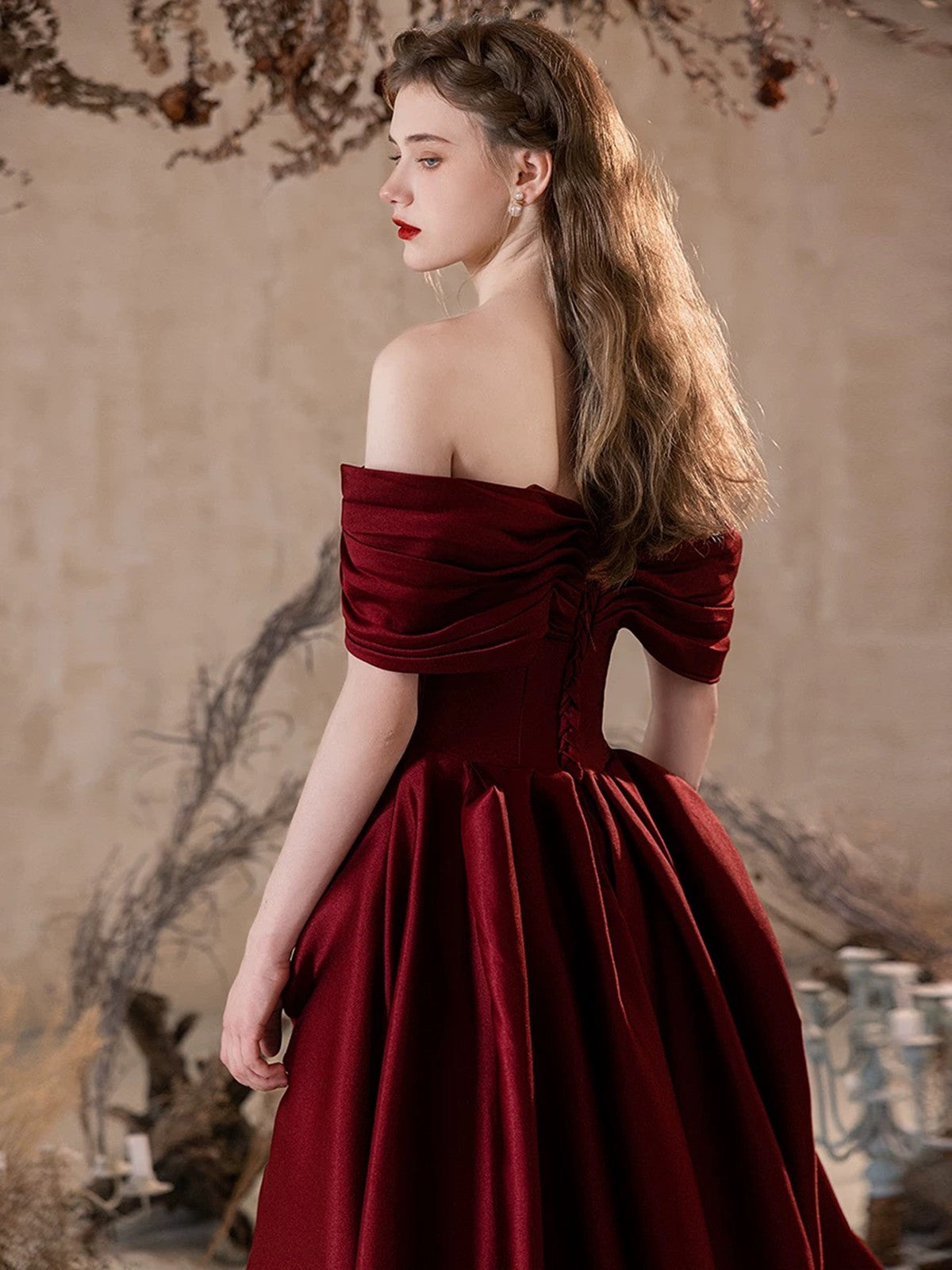 Wine Red Off Shoulder Satin A-line Long Prom Dress, Wine Red Party Dress