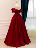 Wine Red Satin Off Shoulder Chic Long Party Dress, Wine Red Sweetheart Prom Dress