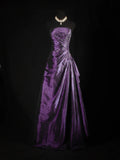 Purple Beaded Strapless Taffeta Long Formal Dress, Purple Beaded A-line Prom Dress