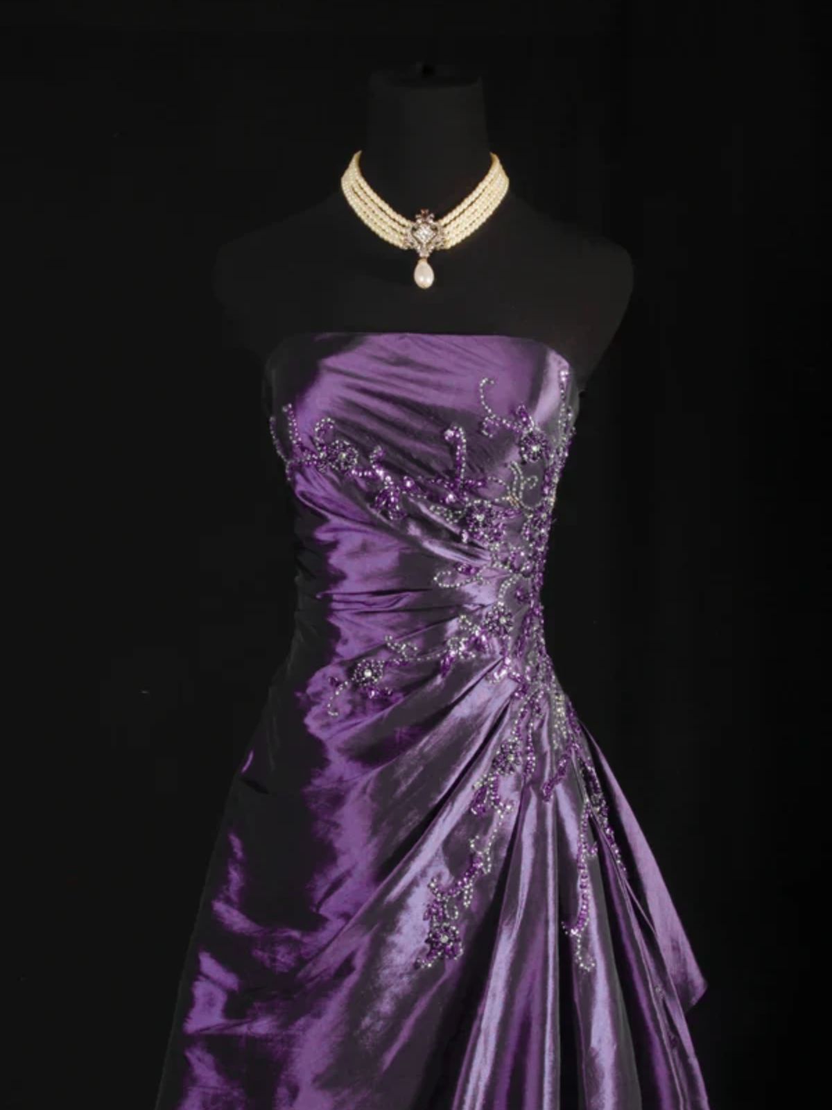 Purple Beaded Strapless Taffeta Long Formal Dress, Purple Beaded A-line Prom Dress