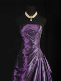 Purple Beaded Strapless Taffeta Long Formal Dress, Purple Beaded A-line Prom Dress