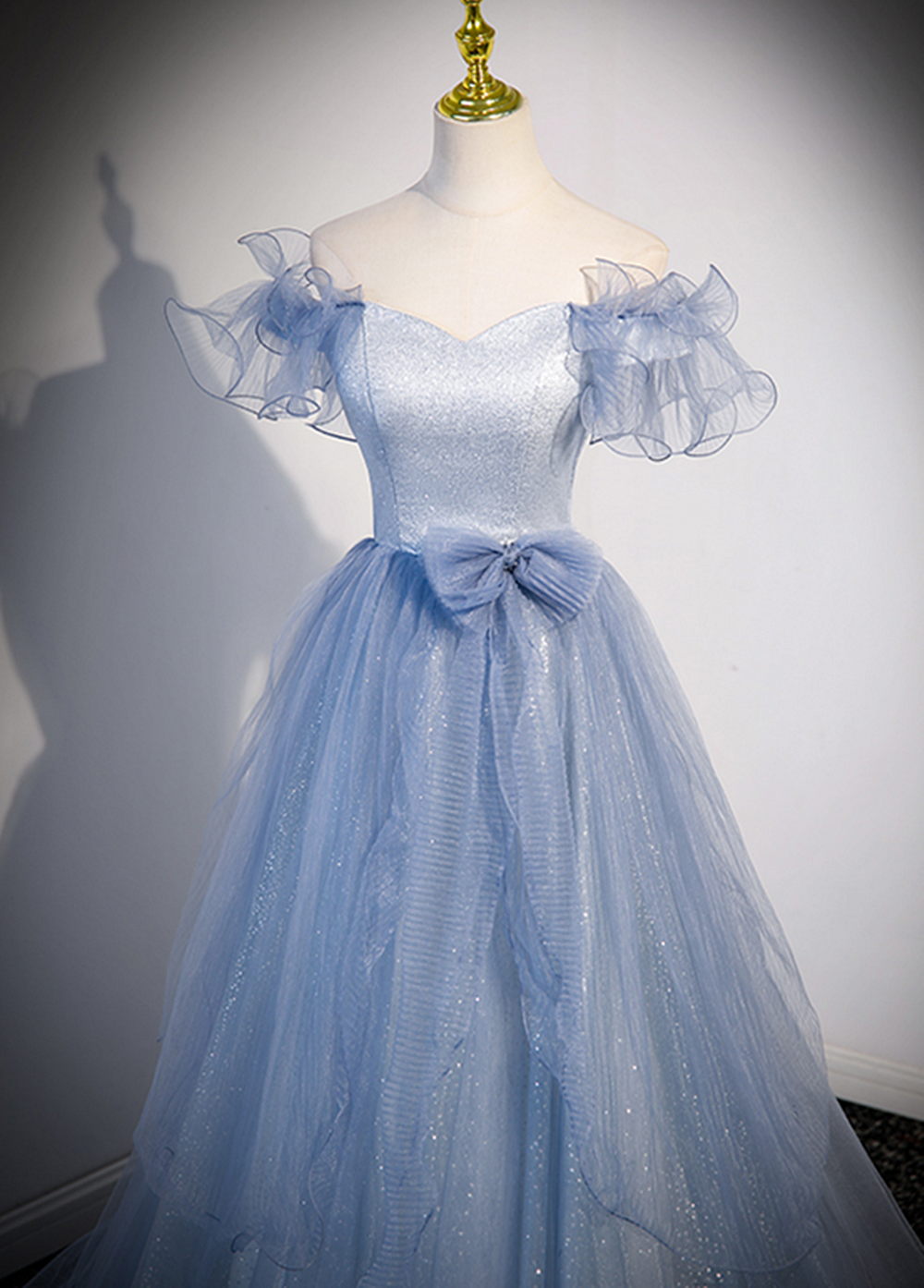 Light Blue Tulle Long Formal Dress, A-line Off Shoulder Evening Dress Prom Dress