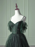 Green Gradient Tulle A-line Long Formal Dress, Green Beaded Straps Party Dress Prom Dress