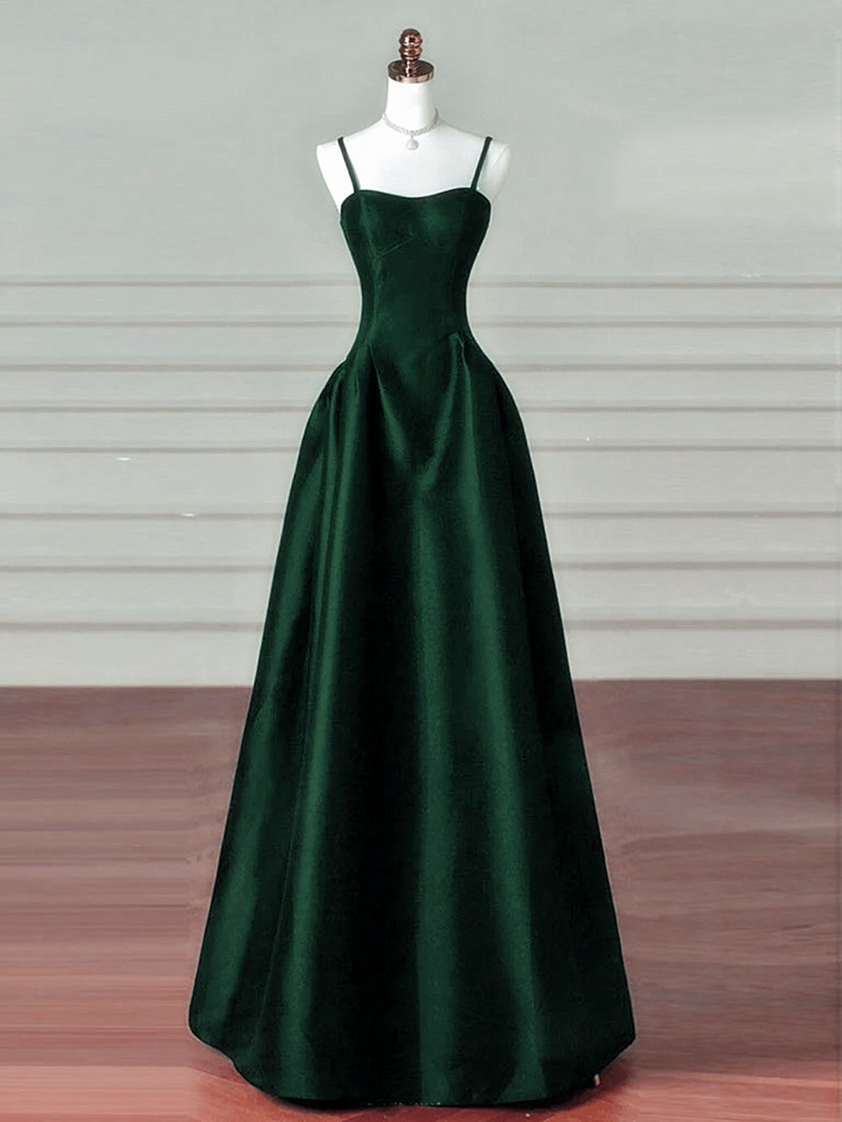 Green Satin Simple A-line Floor Length Party Dress, Green Satin Straps Prom Dress