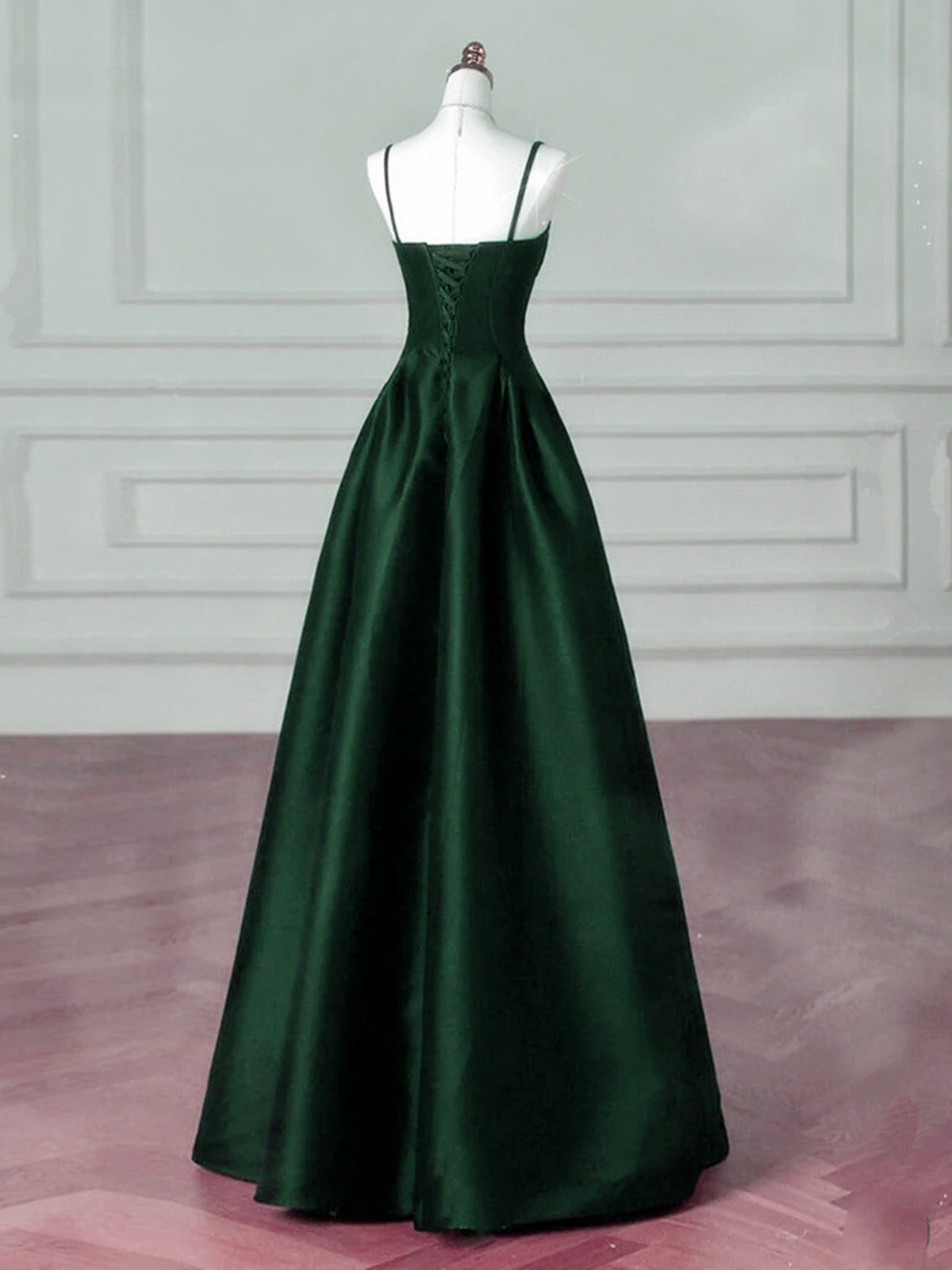 Green Satin Simple A-line Floor Length Party Dress, Green Satin Straps Prom Dress