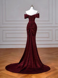 Wine Red Off Shoulder Mermaid Long Evening Dress, Wine Red Formal Dress Prom Dress