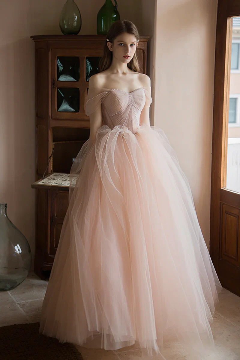 Pink Tulle Off Shoulder Beaded Long Party Dress, Pink Tulle Prom Dress