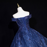 Lovely Navy Blue Floral Tulle Ball Gown Sweet 16 Dress,Navy Blue Off Shoulder Long Formal Dress