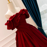 Wine Red Satin Off Shoulder Chic Long Party Dress, Wine Red Sweetheart Prom Dress