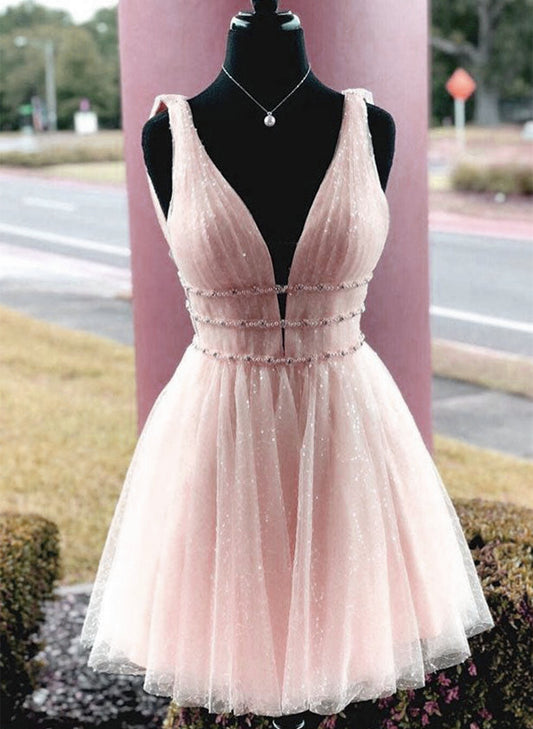 Pink Tulle Beaded Short Prom Dress, Pink Tulle Homecoming Dress Party Dress