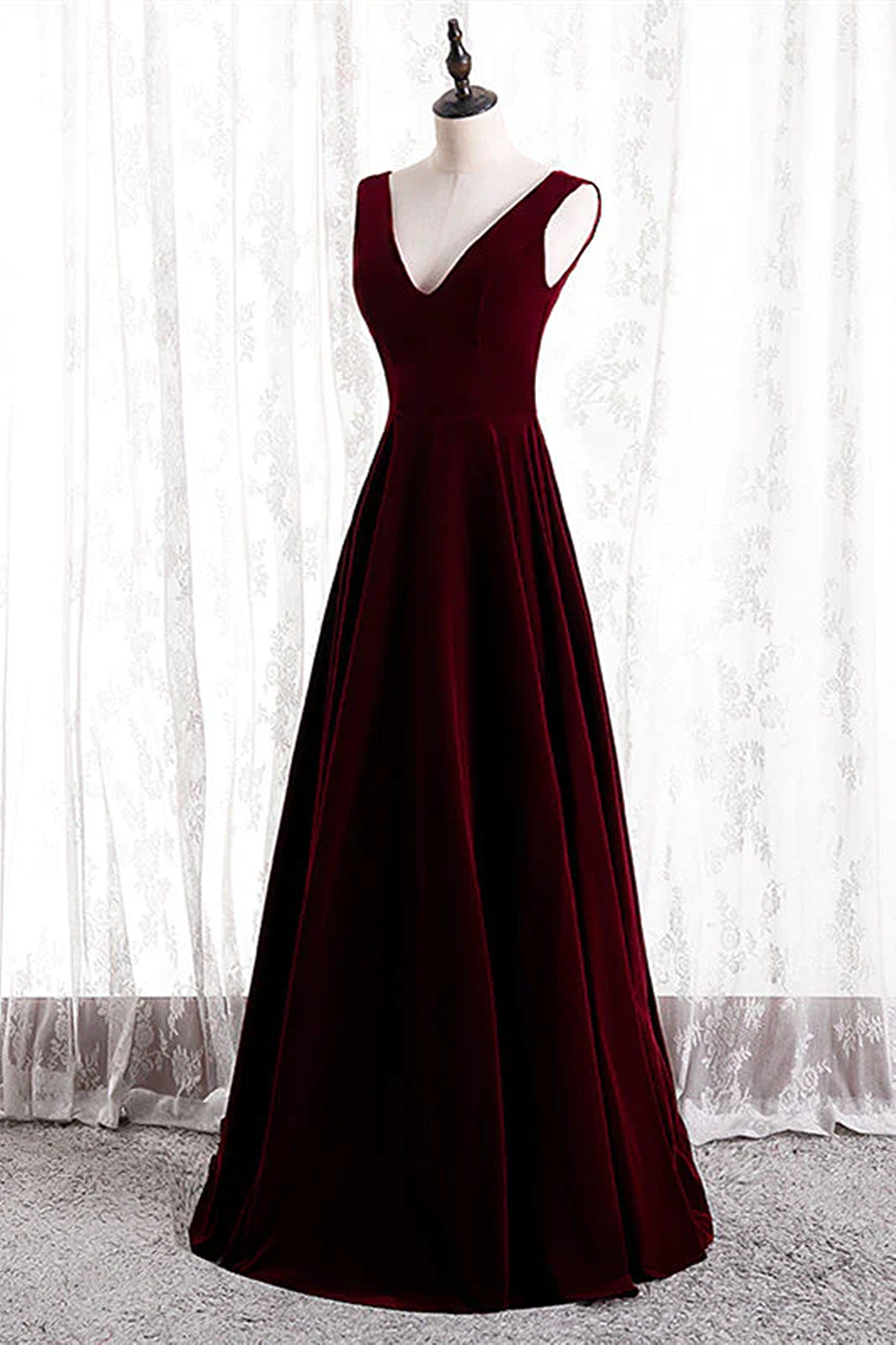 Burgundy Velvet V-neckline Simple Long Party Dress, Burgundy Bridesmaid Dress