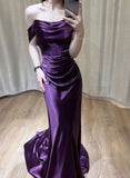 Beautiful Purple Satin Mermaid Off Shoulder Prom Dress, Purple Satin Evening Dress