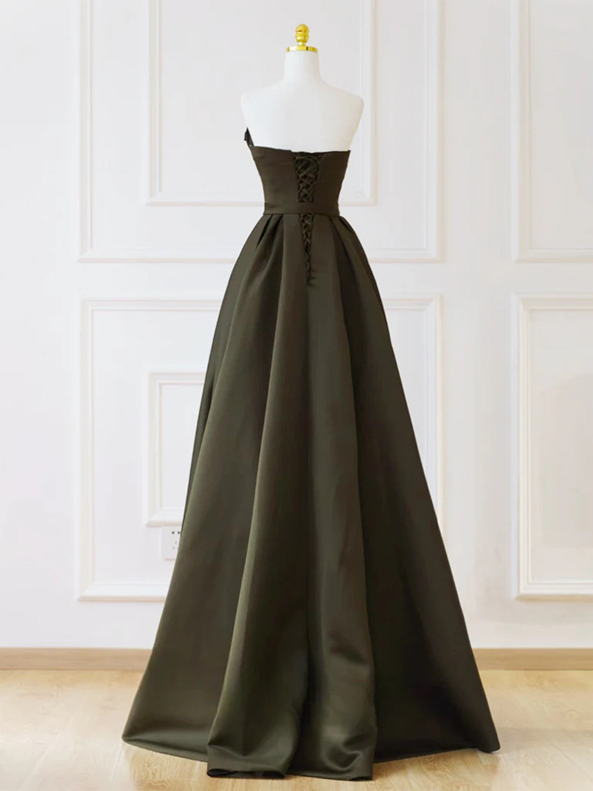 Chic V-neckline Olive Green Long Prom Dress Formal Dress, Green Satin Evening Dress