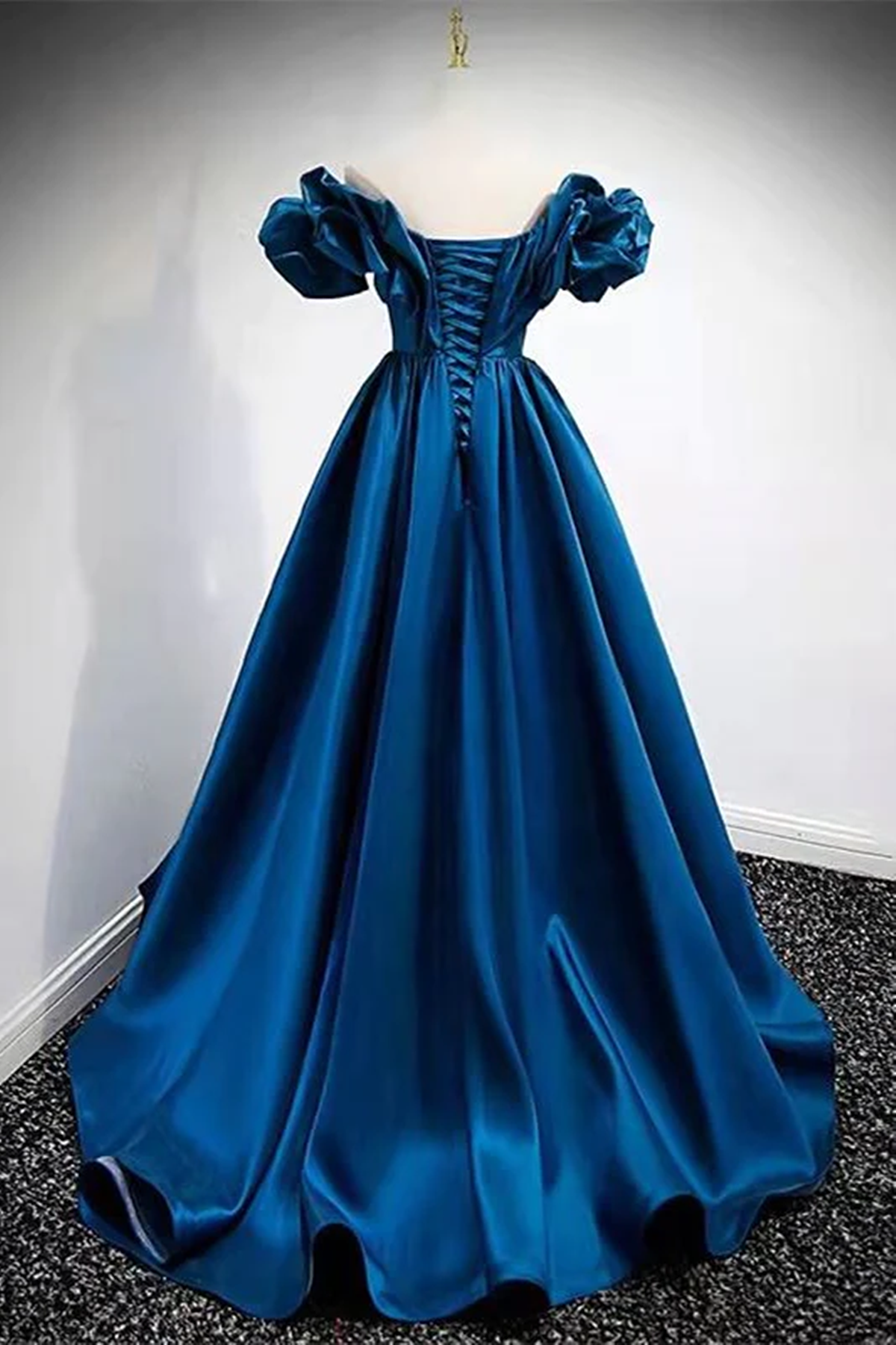 Blue Satin Long Off Shoulder A-line Prom Dress, Blue Sweetheart Evening Dress