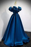 Blue Satin Long Off Shoulder A-line Prom Dress, Blue Sweetheart Evening Dress