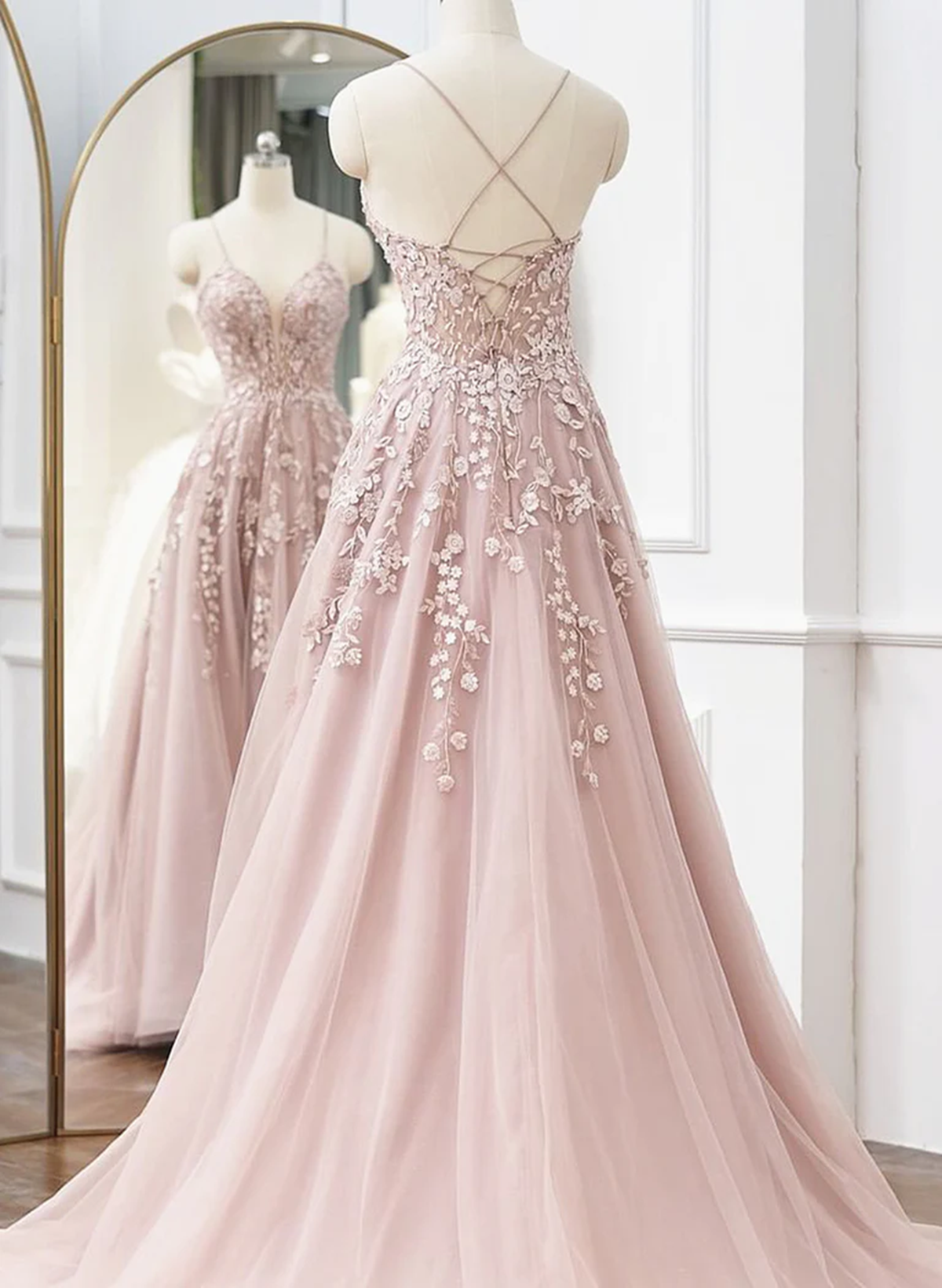 Pink Tulle A-line Long Prom Dress, Pink Tulle with Lace Party Dress Prom Dress