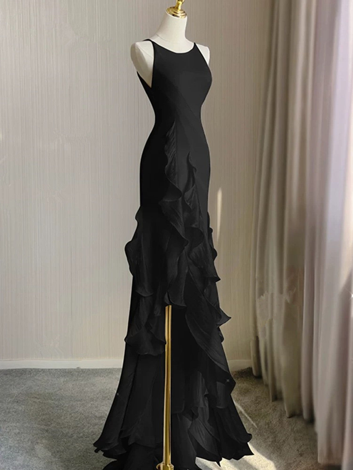 Black Round Neckline Low Back High Low Party Dress, Black Halter Prom Dress