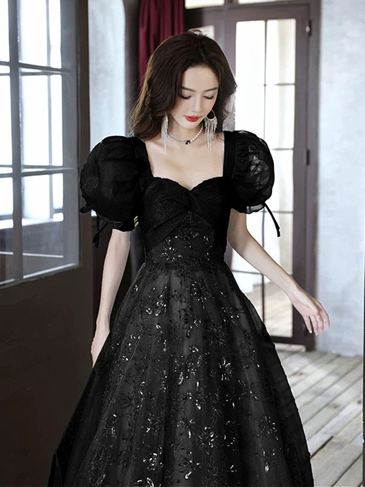 Black A-line Short Sleeves Lace Floor Length Party Dress, Black Sweetheart Prom Dress