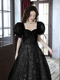 Black A-line Short Sleeves Lace Floor Length Party Dress, Black Sweetheart Prom Dress