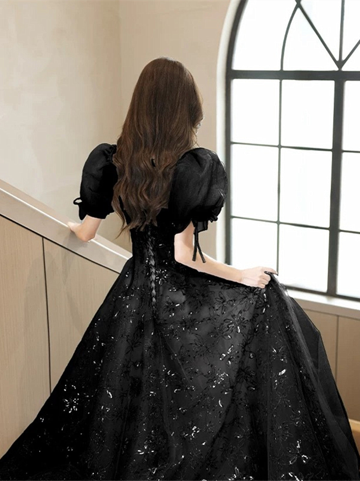 Black A-line Short Sleeves Lace Floor Length Party Dress, Black Sweetheart Prom Dress