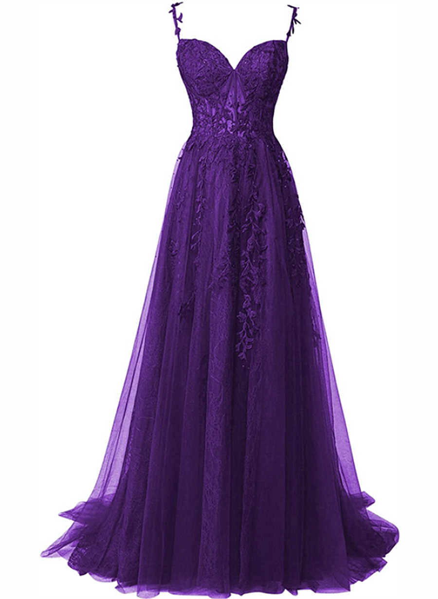 Purple Sweetheart Tulle with Lace Long Party Dress, A-line Tulle Long Prom Dress