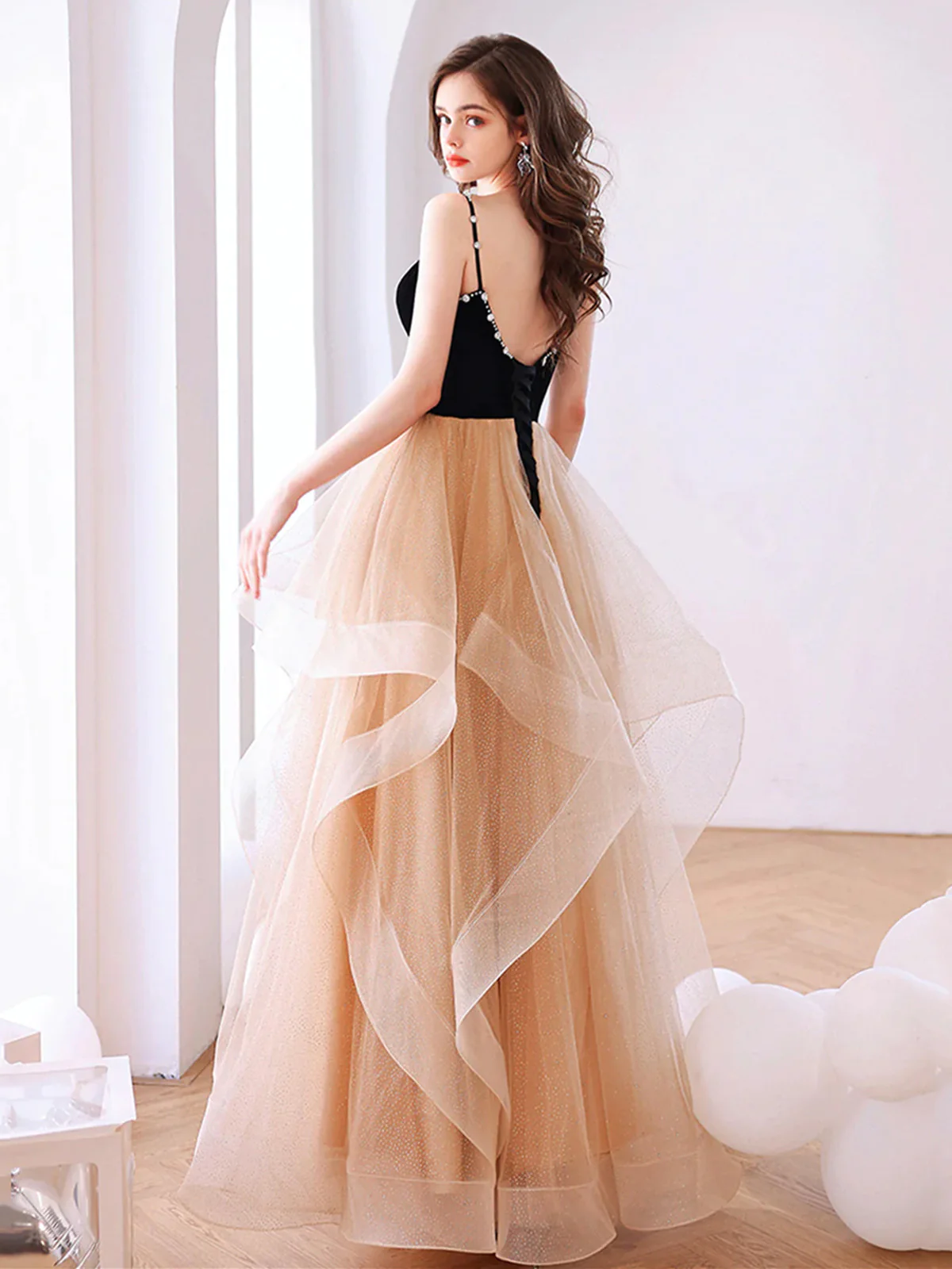 Champagne A-line Tulle and Black Beaded Long Party Dress, V-neckline Prom Dress