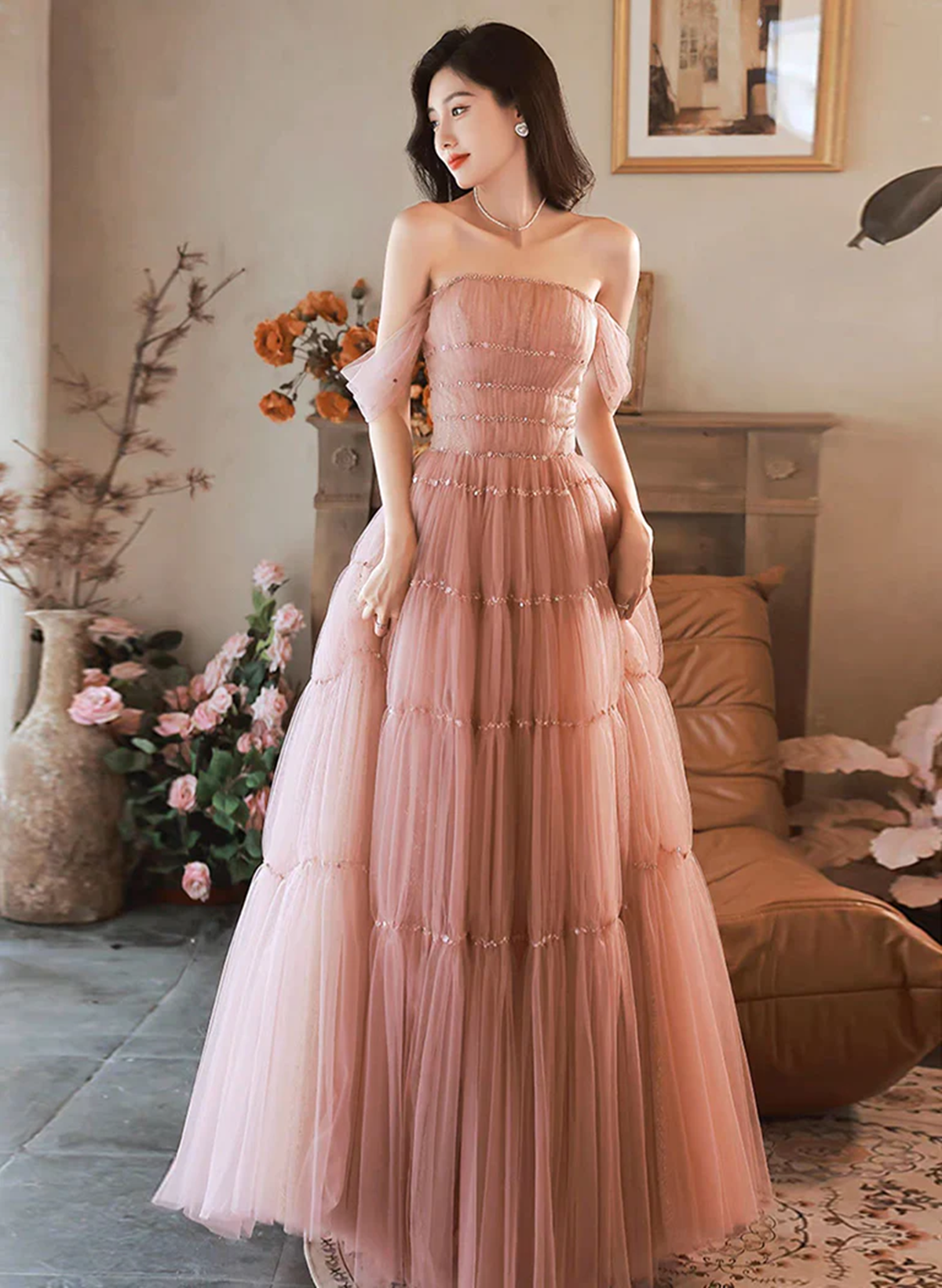 Pink Tulle A-line Scoop Beaded Long Party Dress, Pink Tulle Formal Dress Prom Dress