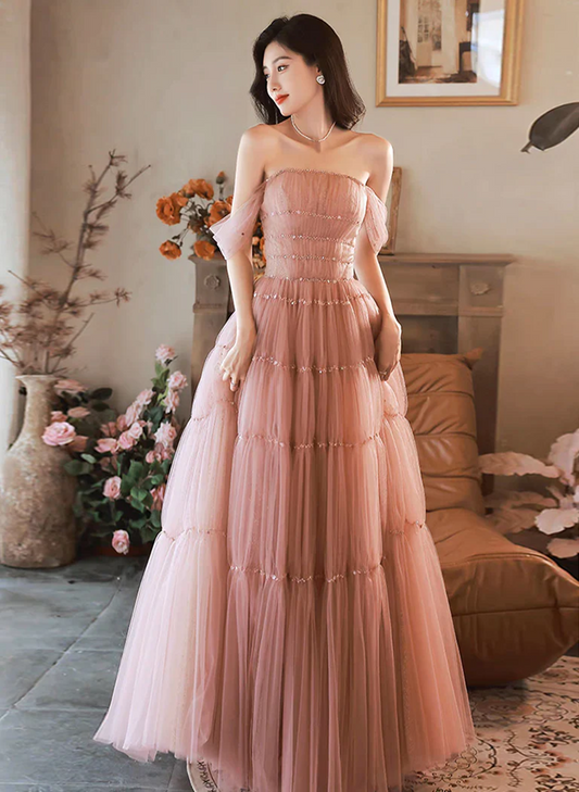 Pink Tulle A-line Scoop Beaded Long Party Dress, Pink Tulle Formal Dress Prom Dress