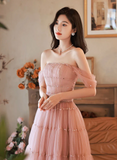 Pink Tulle A-line Scoop Beaded Long Party Dress, Pink Tulle Formal Dress Prom Dress