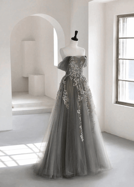 Grey Sweetheart Off Shoulder Tulle Long Party Dress, A-line Grey Prom Dress Evening Dress