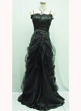 Charming Black Satin and Tulle Straps Beaded Long Party Dress, A-line Black Prom Dress