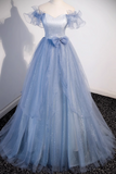 Light Blue Tulle Long Formal Dress, A-line Off Shoulder Evening Dress Prom Dress