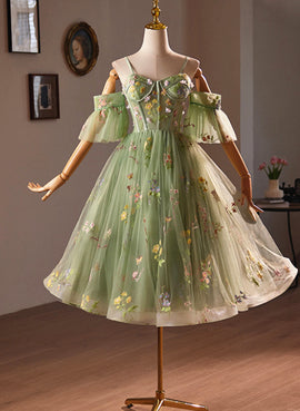 Light Green Sweetheart Tulle Floral Homecoming Dress, Green Short Prom Dress