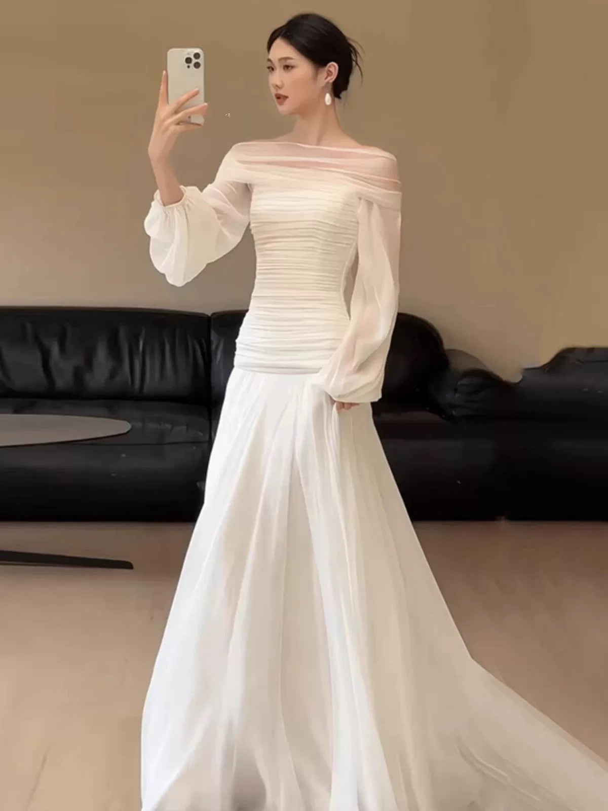 White Chiffon Off Shoulder Long Sleeves Party Dress, White Chiffon Wedding Dress